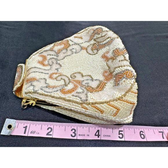 Vintage Art Deco Glass Beaded Purse Evening Clutch 1950s Delill Gold Frame Cream - Picture 11 of 12